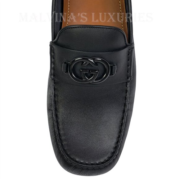 GUCCI SHOES MENS LOAFERS MOCCASINS G LOGO BLACK LEATHER - Picture 12 of 15
